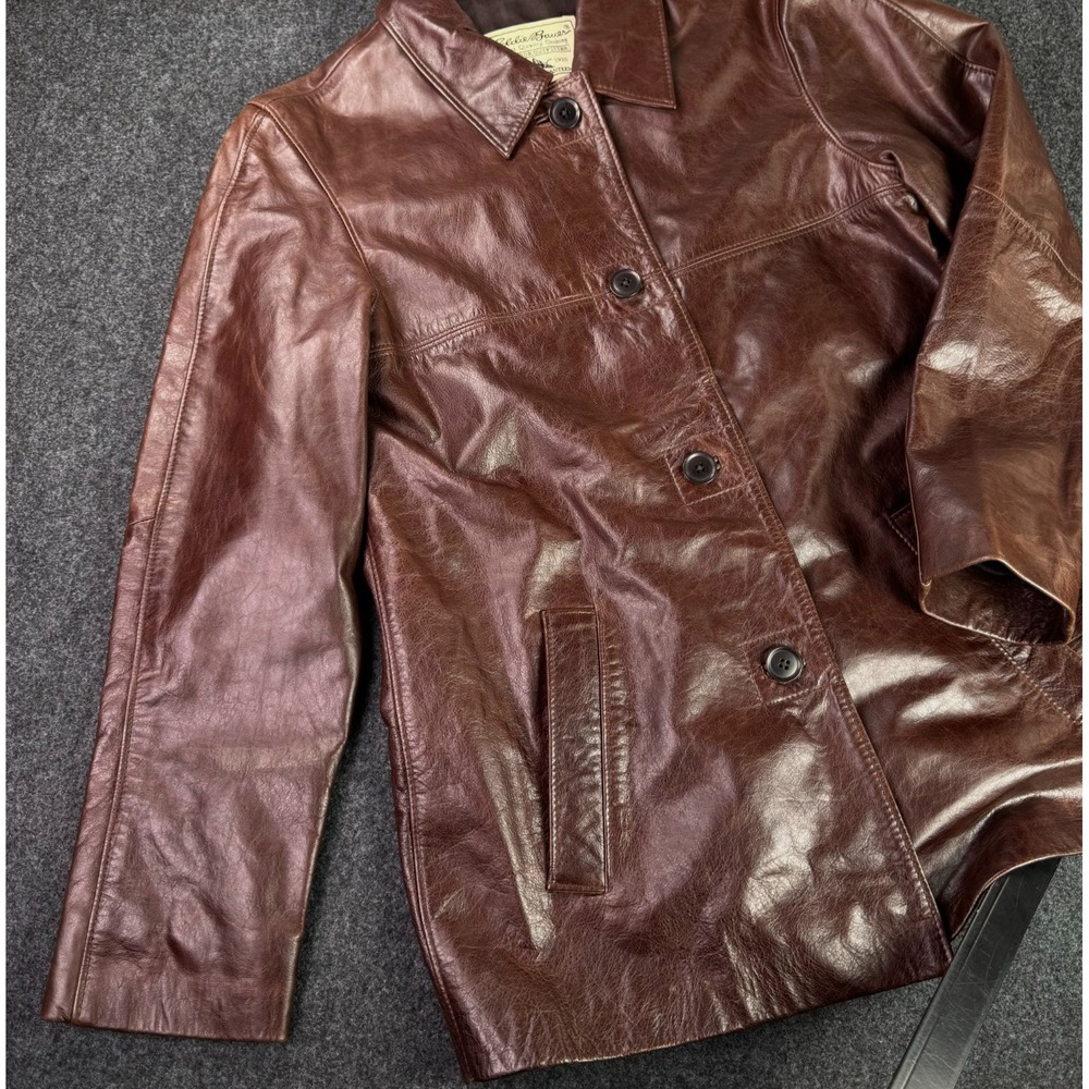 Vintage Eddie Bauer Leather Outer Jacket Womens Size XS Brown 4 Button Yoke Coat - Picture 4 of 10